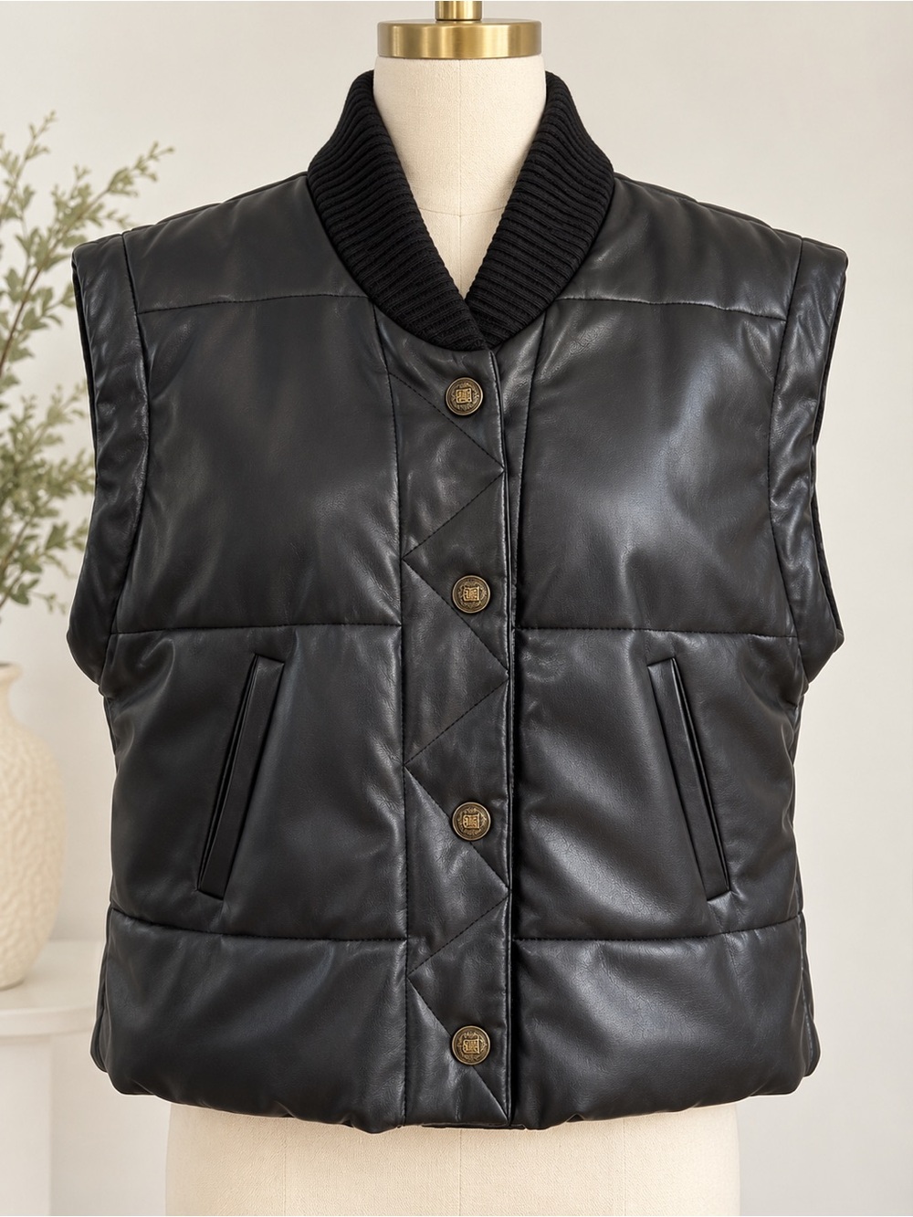Truth by Republic black faux leather quilted puffer vest, size Medium.